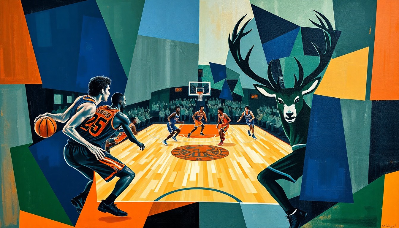 A fractured, cubist-style painting depicting a basketball game or match between the New York Knicks and Milwaukee Bucks, with the players' forms broken down into sharp, overlapping geometric shapes in a palette of deep blues, greens, and oranges, capturing the energy and intensity of the competition.