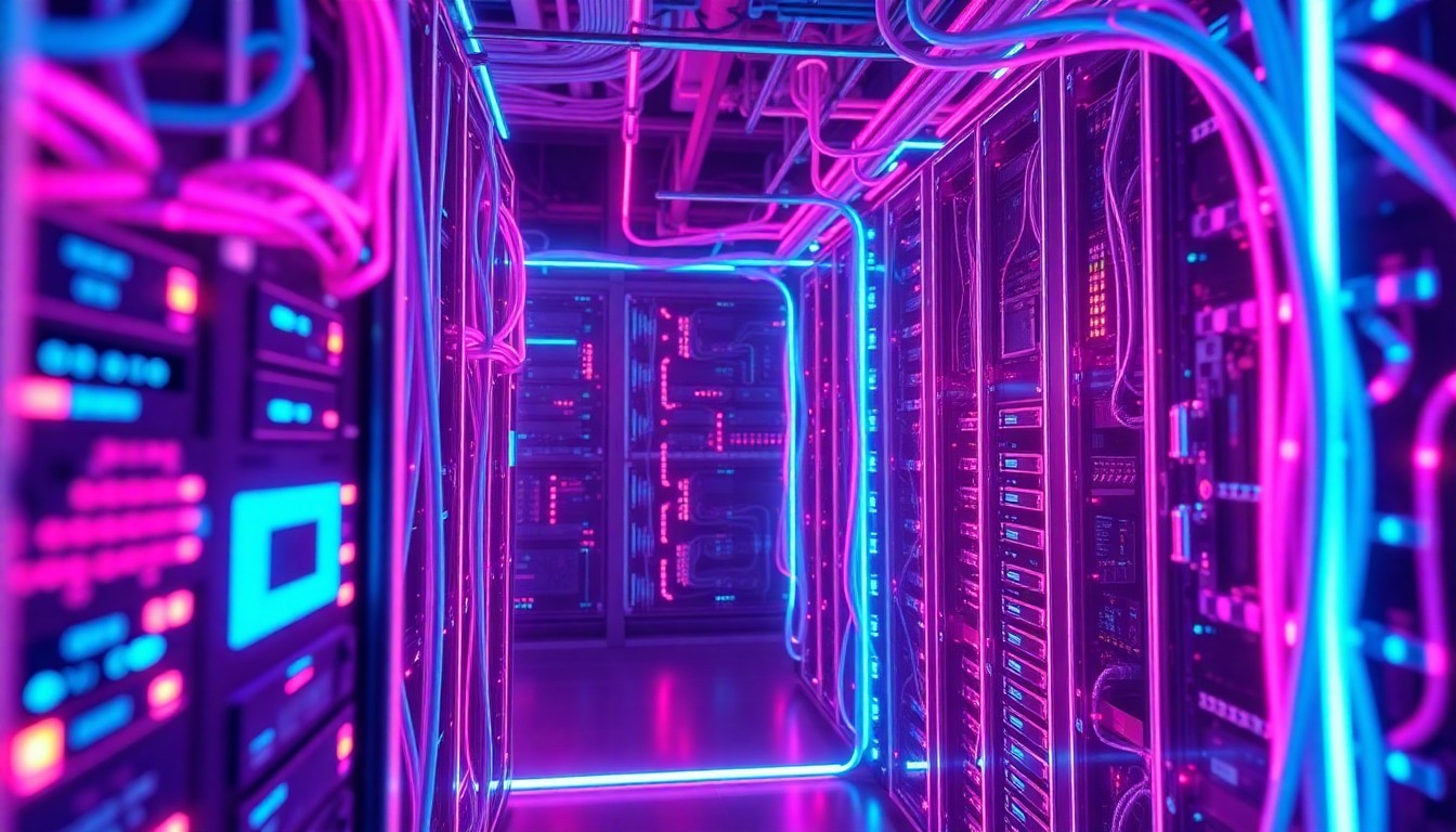 A highly detailed, glowing 3D illustration of a futuristic data center or cloud infrastructure, with neon cyan and magenta lights illuminating the complex network of cables, servers, and other digital components, conceptually representing the scale and interconnectedness of modern enterprise technology.