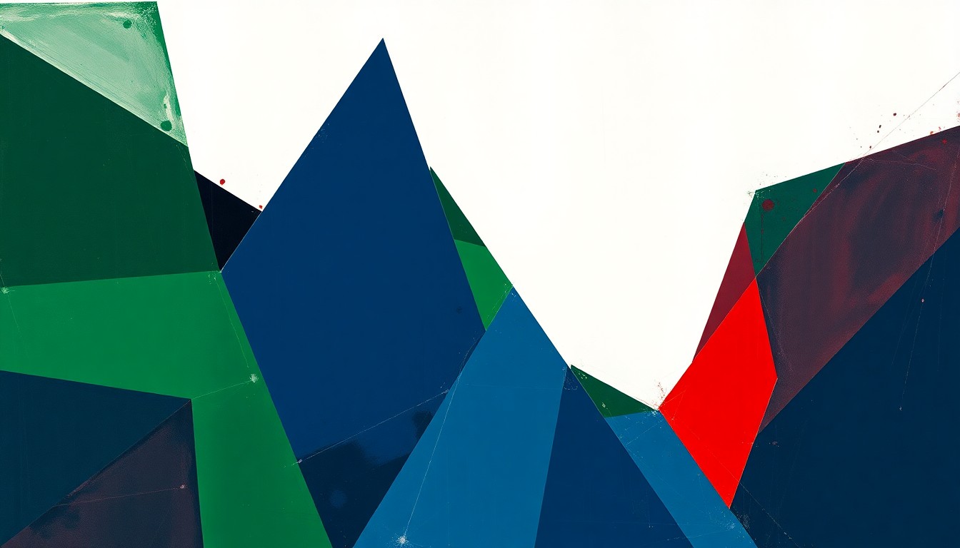 A fragmented, geometric painting in shades of blue, green, and red, depicting the complex intersections of sports, media, and influence.