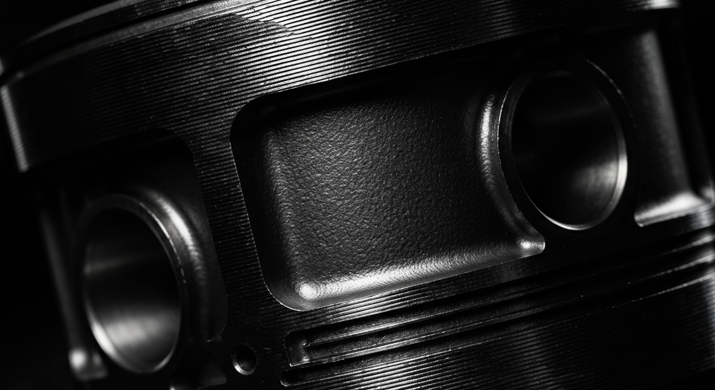 An extreme close-up photograph showcasing the textured, industrial surface of an automobile engine component, conveying the intricate engineering and materials involved in automotive repair.