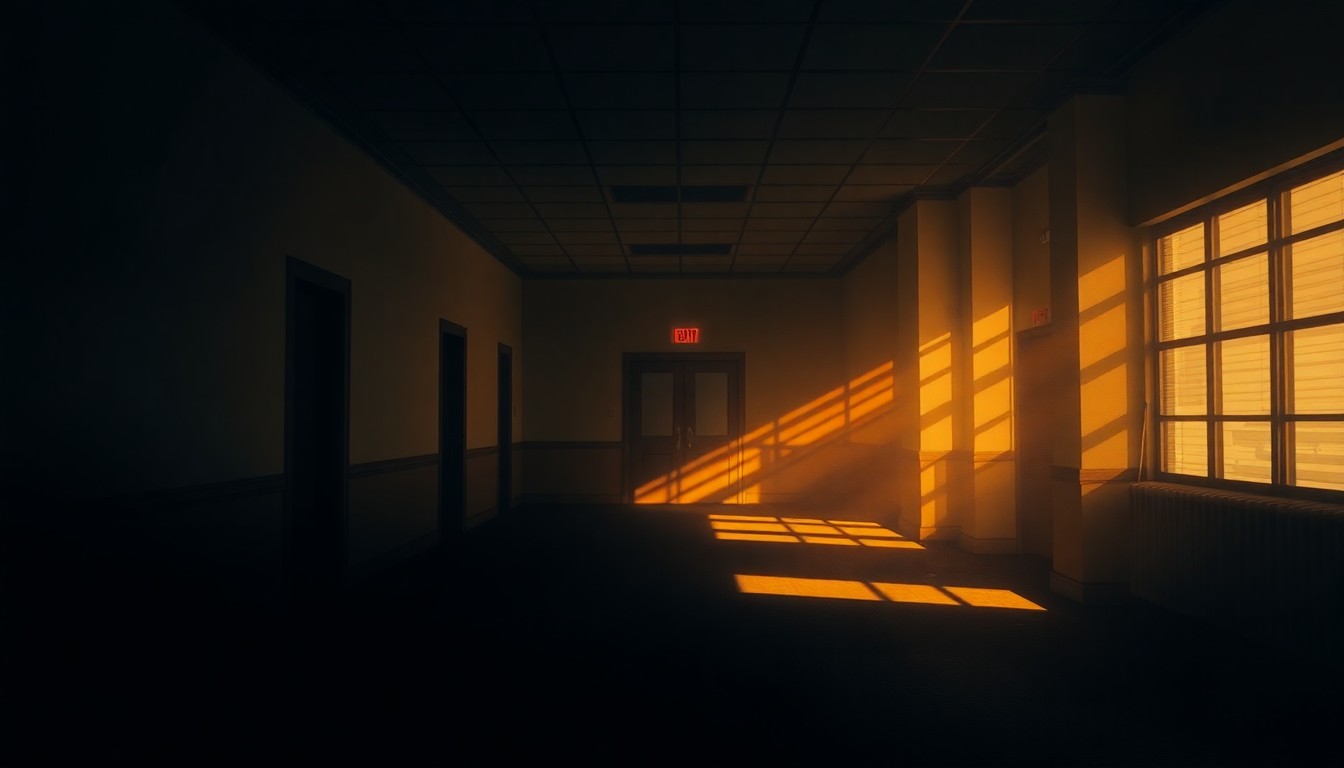 A moody, cinematic painting of an empty government office or hallway, with warm sunlight streaming in through the windows and deep shadows casting a somber mood, conveying the sense of a depleted workforce and the challenges the agencies face in rebuilding their staff.