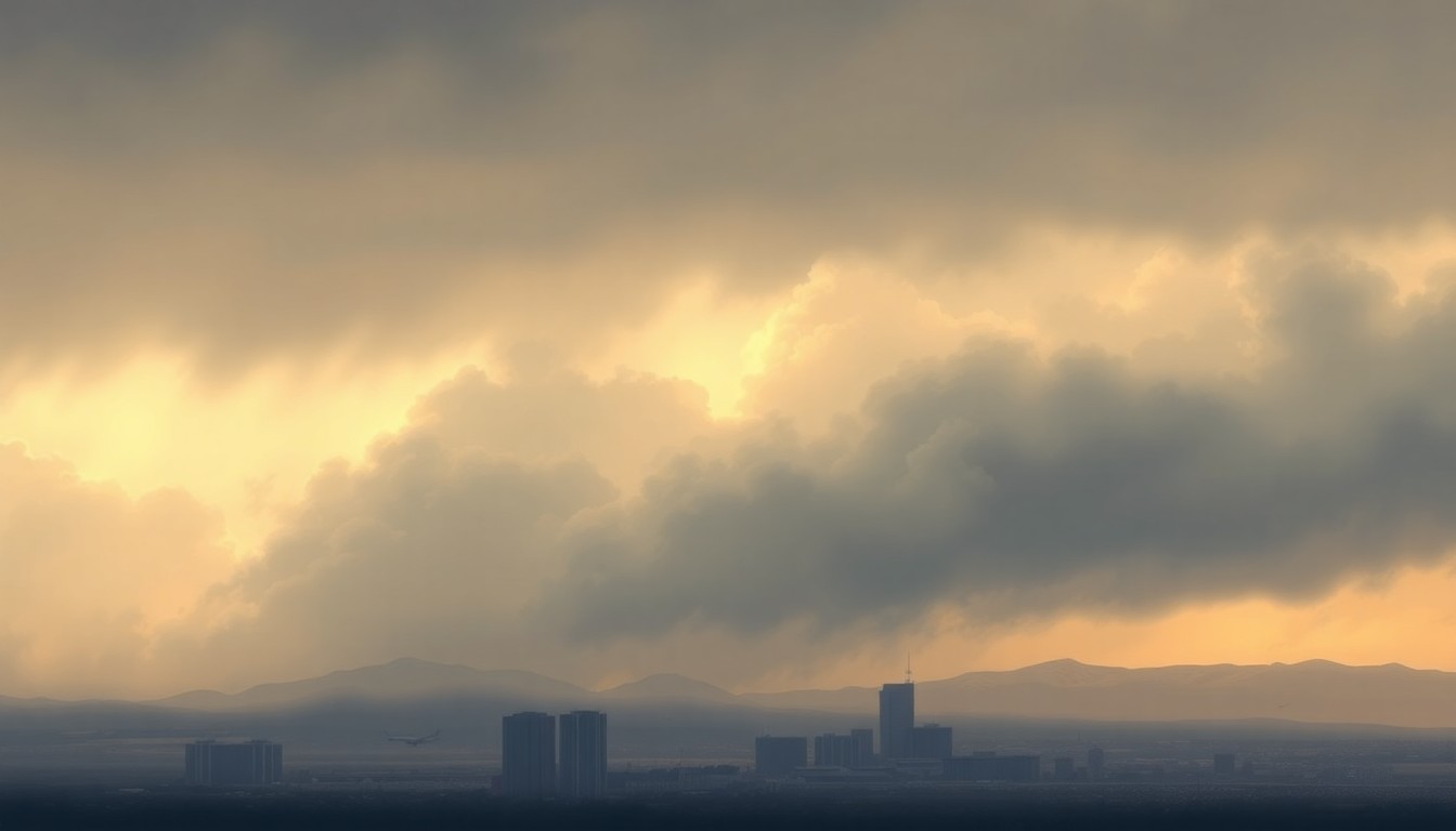 A sweeping, atmospheric landscape painting in muted tones of gray, blue, and orange, depicting the silhouettes of tall buildings and airport terminals against a hazy, windswept sky, conveying the overwhelming power of the weather conditions disrupting air travel.