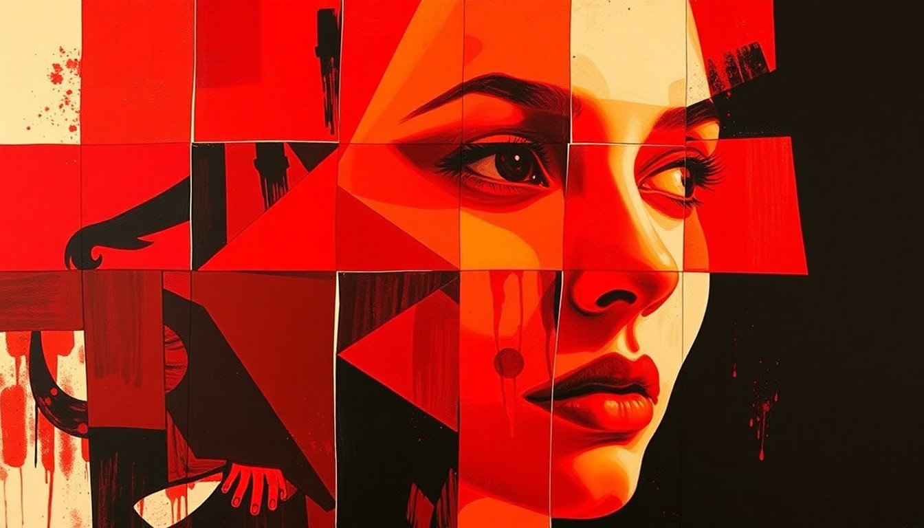 A fractured, abstract painting in shades of red, orange, and black depicting the silhouette of a woman's face, symbolizing the fragmented and distorted experience of sexual assault.