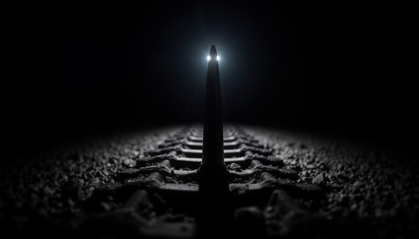An extreme close-up photograph of a single railroad spike, its metallic surface reflecting the harsh light of a direct camera flash, conceptually representing the grim aftermath of a fatal train-pedestrian collision.