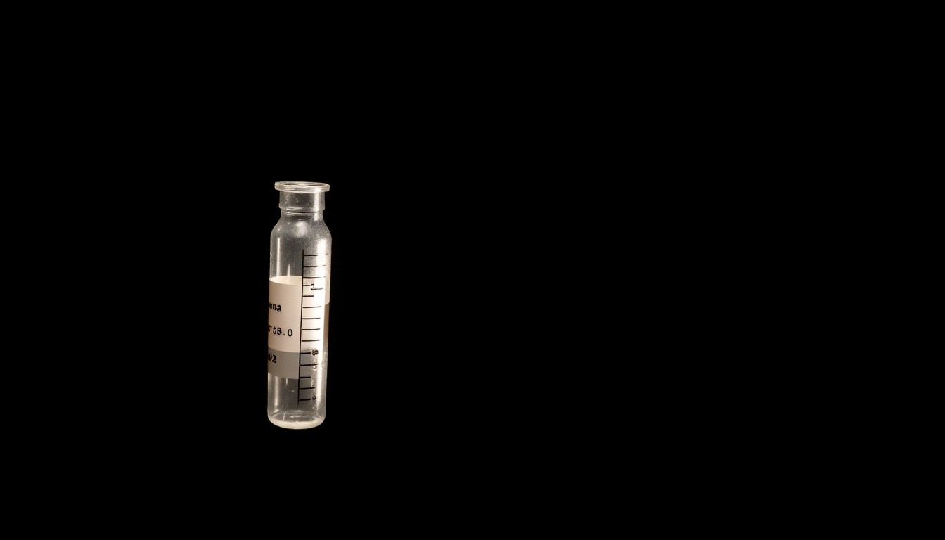 An extreme close-up photograph of a DNA sample vial against a pitch-black background, lit by a harsh, direct camera flash, conceptually illustrating the importance of properly processing forensic evidence in a missing persons investigation.