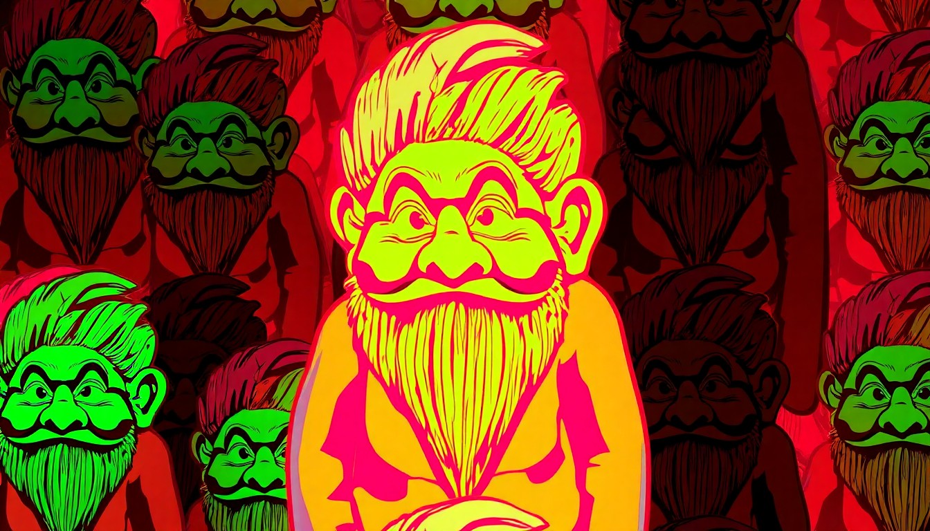 A vibrant, high-contrast silkscreen print featuring a grid of stylized troll sculptures in bright neon colors, conceptually representing the whimsical folk art pieces blending with modern pop art.