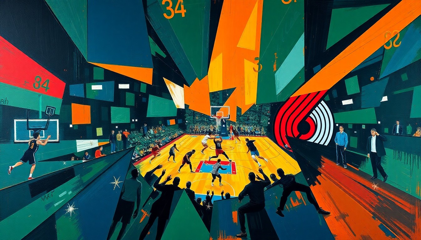 A cubist, geometric painting depicting the intense action and competition of an NBA playoff game, with sharp, overlapping shapes and planes in deep navy, forest green, and bright orange hues.