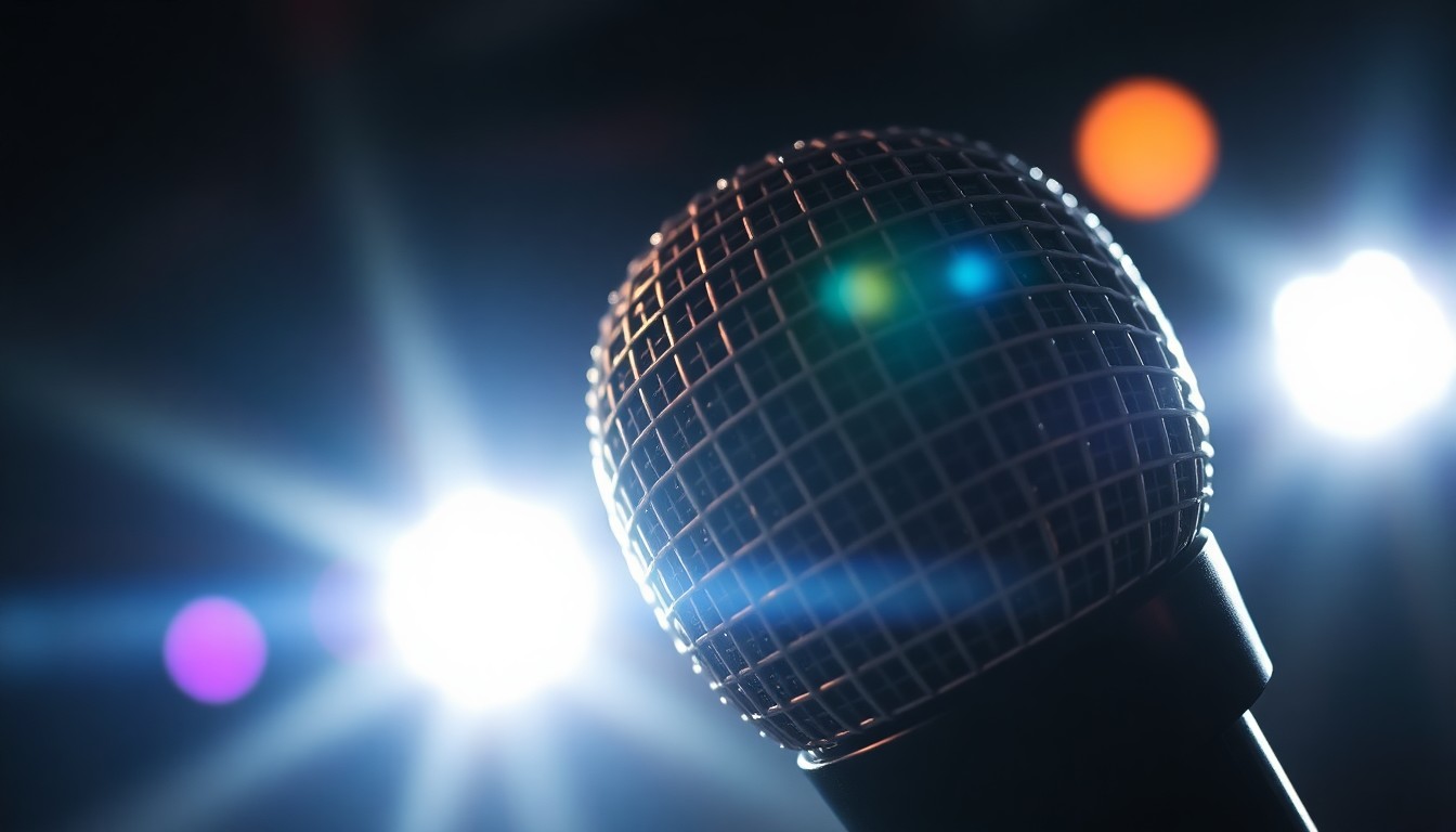 An extreme close-up of a metallic microphone grill, the surface reflecting dramatic shadows and highlights to create a sense of high-energy performance and musical glamour.