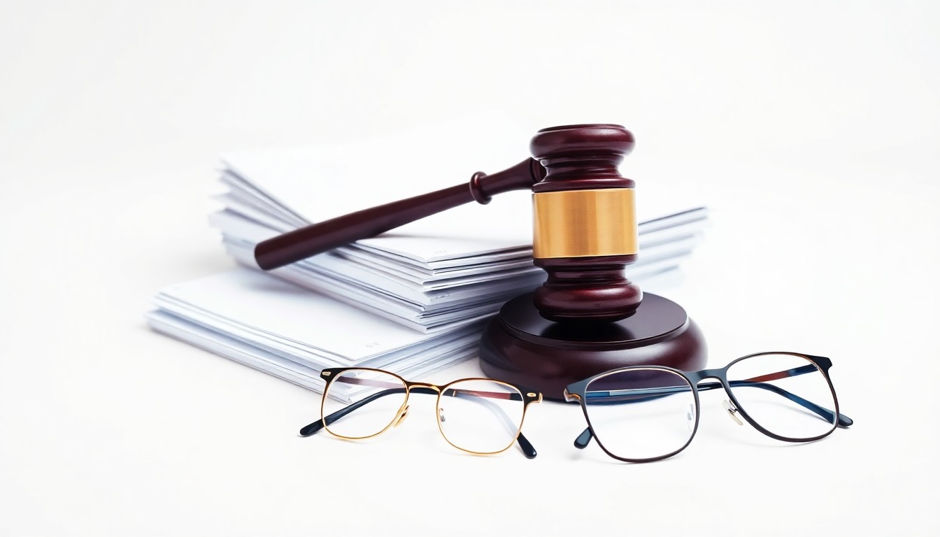 A photorealistic studio still life featuring a stack of legal documents, a gavel, and a pair of reading glasses arranged elegantly on a clean, white background, conceptually representing the complex legal proceedings surrounding the ODDITY Tech securities class action.