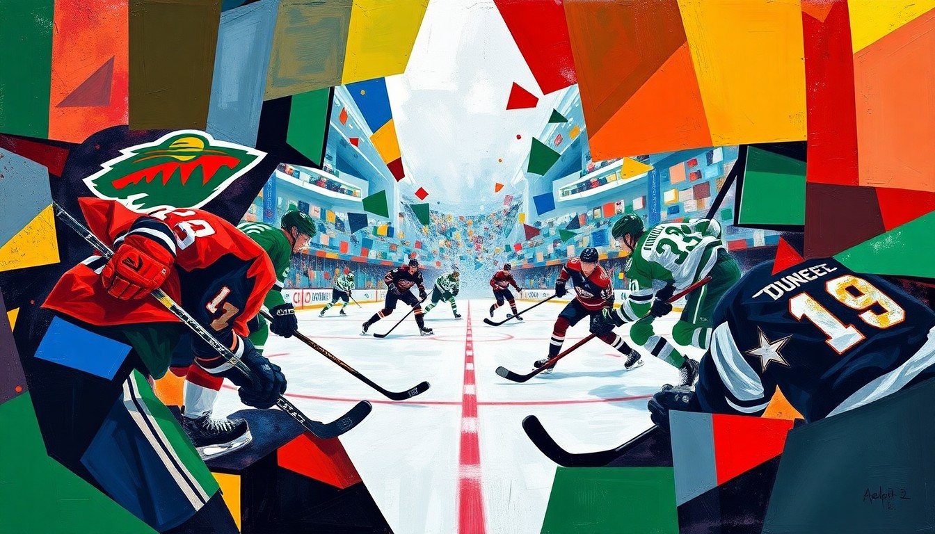 A cubist, geometric painting depicting a hockey game, with the vibrant colors of the Minnesota Wild and Dallas Stars uniforms overlapping and intersecting in a dynamic, abstract composition.