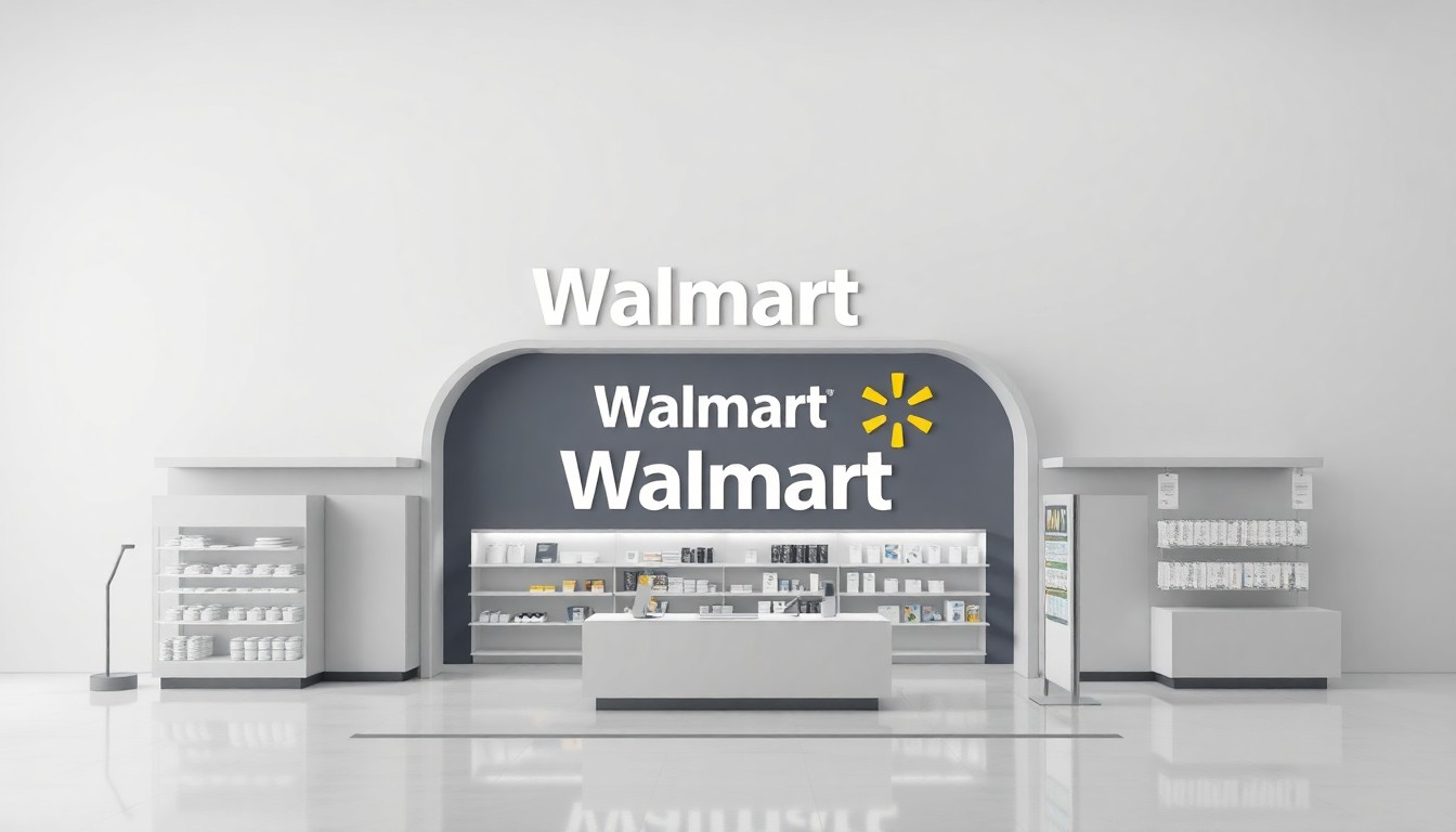A minimalist, high-contrast studio photograph featuring a clean, geometric arrangement of polished retail fixtures and signage elements in shades of grey, representing Walmart's strategy to upgrade its store locations in New Jersey.
