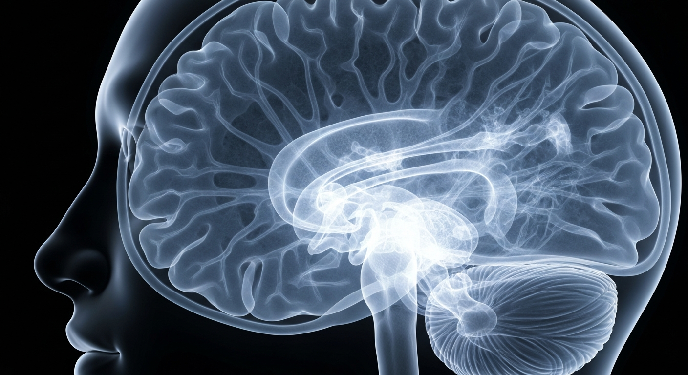 An extreme close-up X-ray image revealing the intricate neural structures of a human brain, conceptually illustrating the potential of psychedelic drugs to unlock new pathways for mental health treatment.