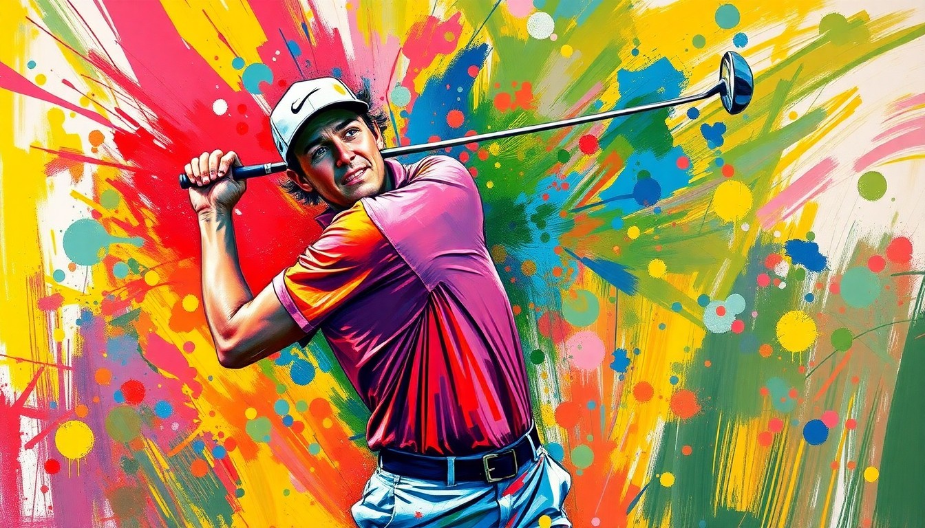 An extreme close-up of a golf club being violently thrown, with the motion and impact captured in a vibrant, expressionist style using bold brushstrokes and neon colors, conceptually illustrating the intense emotions that can arise in professional golf.