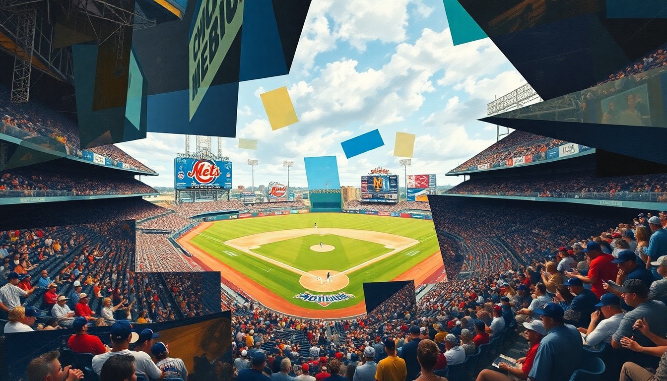 A fragmented, geometric painting depicting a baseball game, with sharp, overlapping shapes and planes representing the dynamic action on the field.