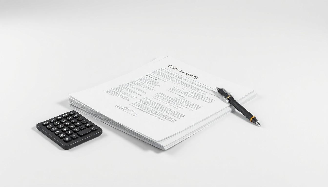 A high-end, photorealistic studio still-life photograph featuring a stack of financial documents, a calculator, and a pen arranged elegantly on a clean, monochromatic background, conceptually representing the abstract corporate strategy and finance at the heart of the lawsuit against PayPal.