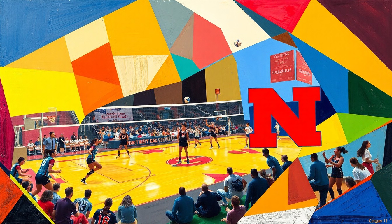 A cubist, geometric painting depicting a volleyball match between Creighton and Nebraska, with the players and court fractured into overlapping planes of vibrant team colors.