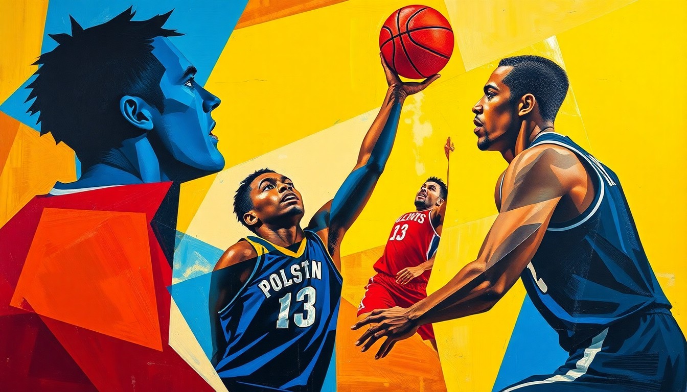 A fractured, multi-perspective painting featuring abstract geometric shapes and planes of vibrant blue, red, and yellow colors, conceptually representing the dynamic new backcourt duo at NC State.