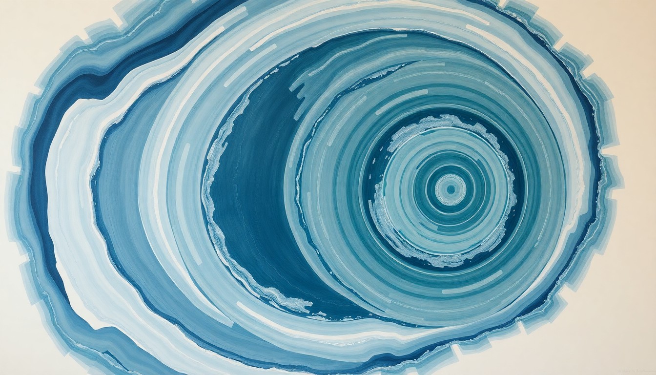 A highly structured abstract painting in soft blues, greens, and grays, depicting the complex interplay of ocean currents, marine life, and environmental factors that are drawing juvenile great white sharks closer to shore.