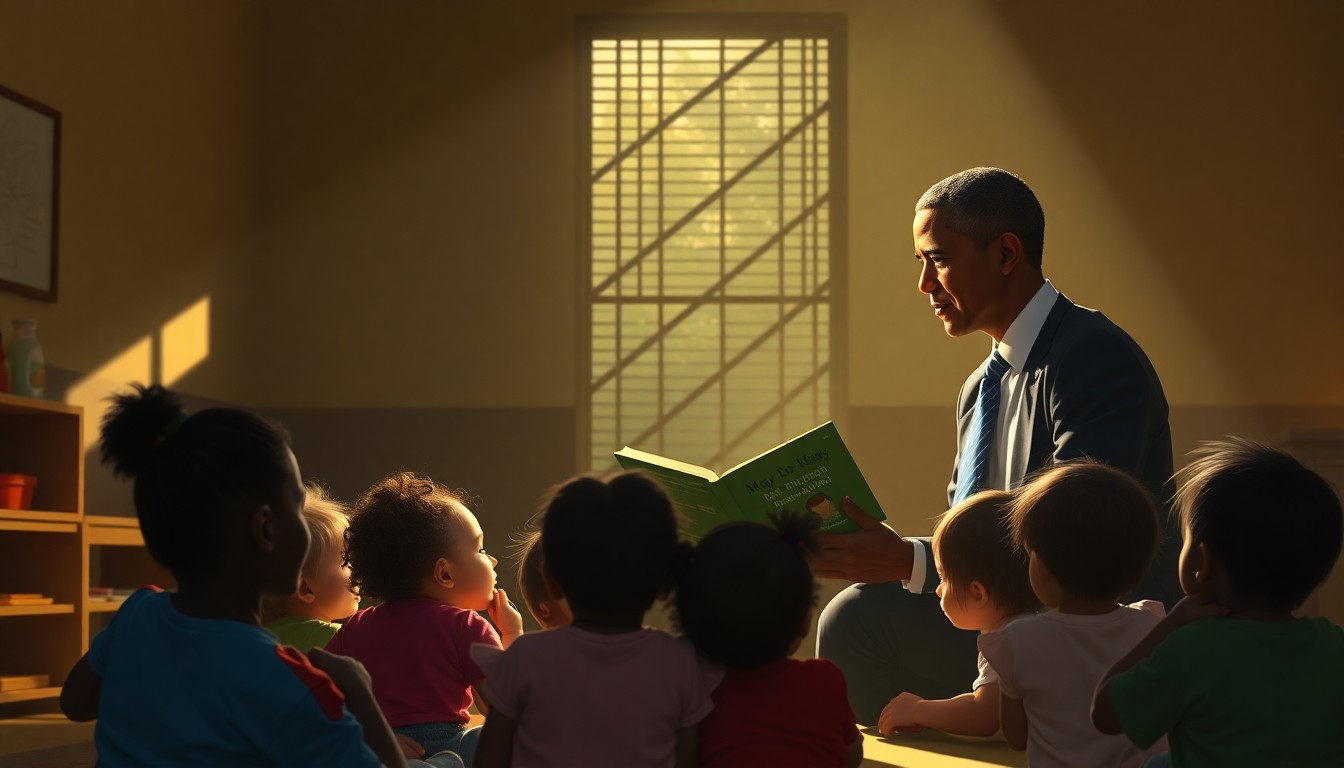A warm, nostalgic painting depicting Mayor Mamdani and President Obama sitting on the floor of a sunlit childcare center, reading a picture book to a group of attentive toddlers. The scene conveys a sense of community, connection, and the importance of investing in early childhood education.