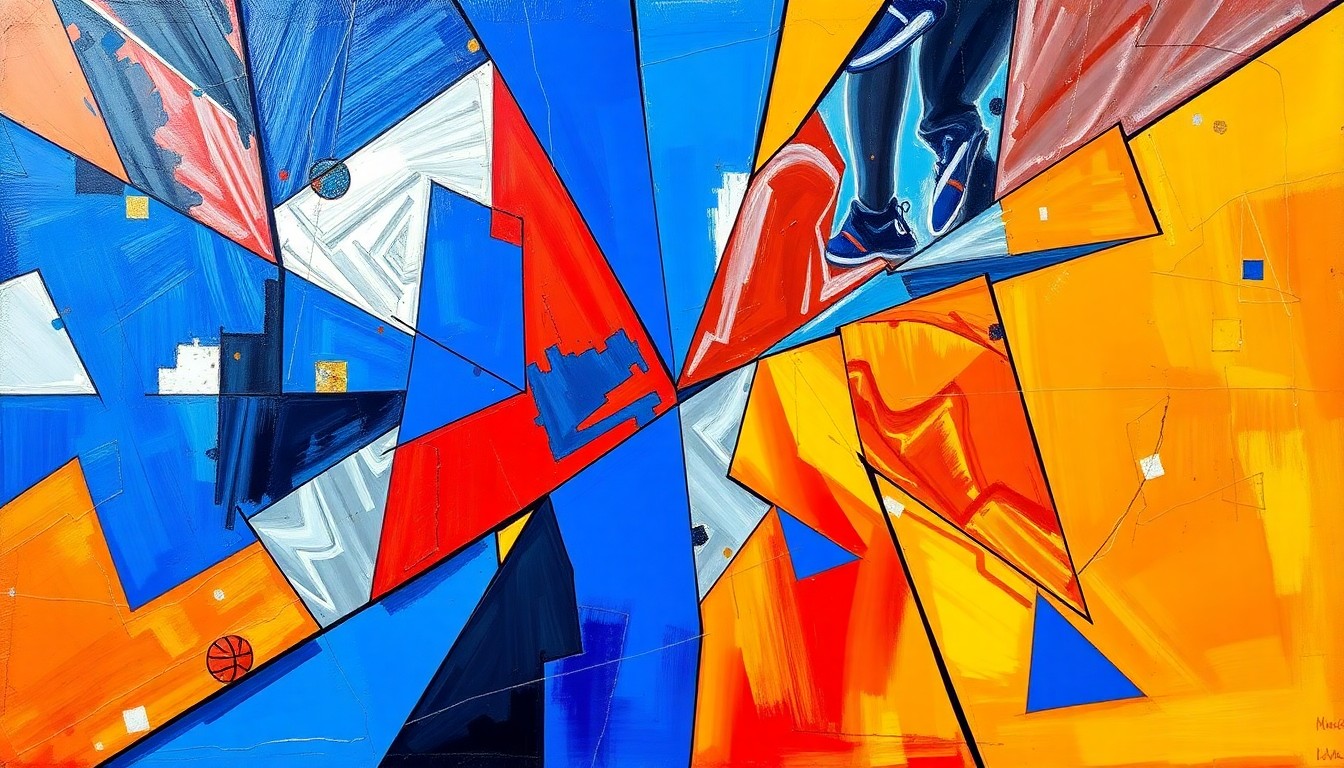 A fragmented, geometric painting depicting the dynamic action of a WNBA basketball game, with sharp planes of color and overlapping perspectives conveying the energy and excitement of the league's milestone 30th season.