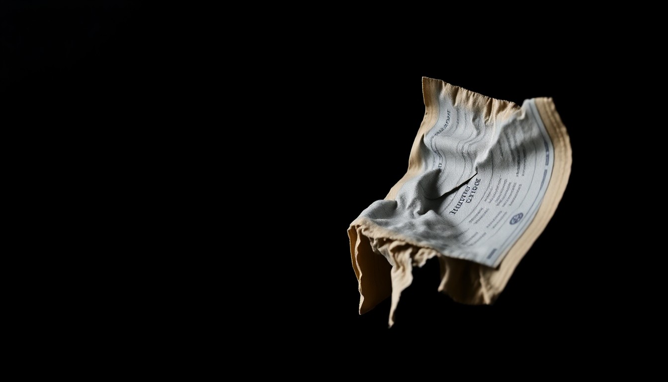 An extreme close-up photograph of a crumpled, discarded passport or travel document against a pitch-black background, lit by a harsh, direct camera flash, conceptually illustrating the evidence and gritty details of an international human smuggling investigation.