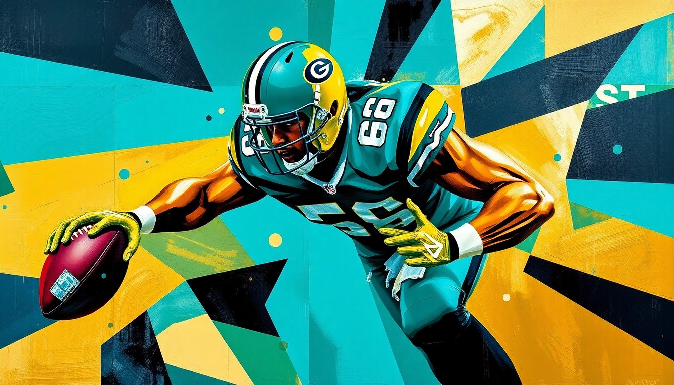 A fragmented, geometric painting in bold teal, gold, and black hues depicting the dynamic movements and techniques of a defensive lineman, conveying the Jaguars' desire to bolster their pass rush.