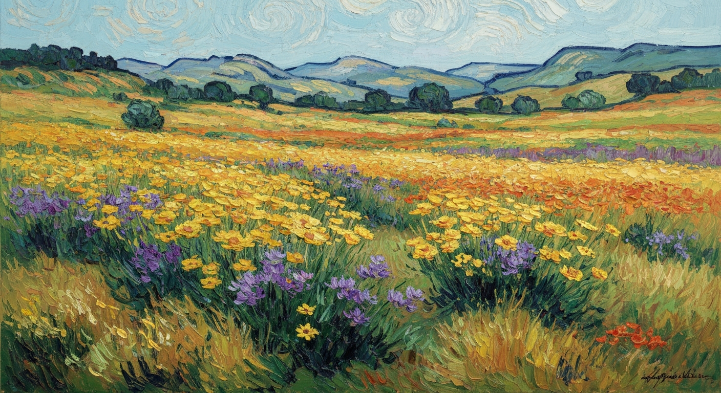 A textured oil painting in the style of Vincent Van Gogh, depicting a vibrant field of wildflowers in bloom, with bold brushstrokes of yellow, purple, and orange hues against a backdrop of rolling hills, capturing the beauty and energy of a springtime superbloom in Northern California.