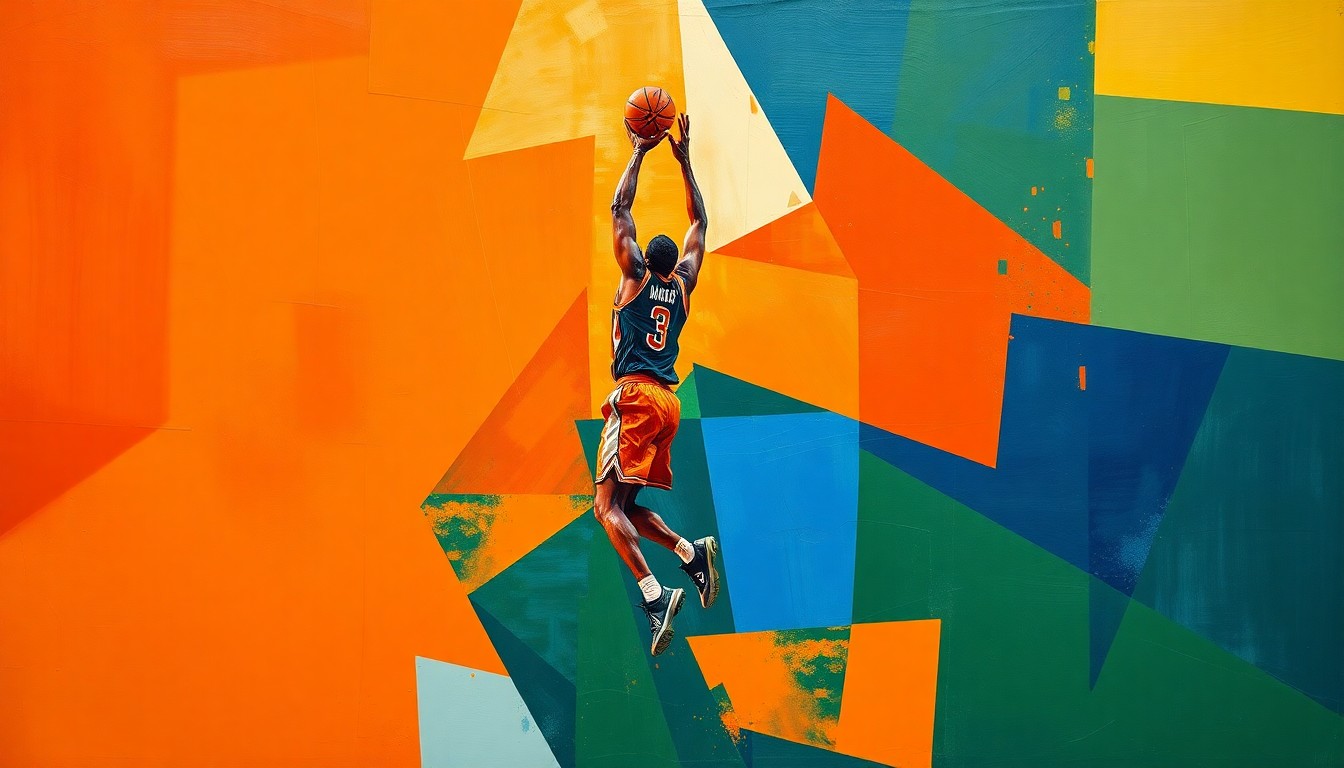 A cubist-style painting depicting a basketball player's jump shot broken down into sharp, overlapping geometric shapes in warm and cool tones, conveying the dynamic energy of the sport.