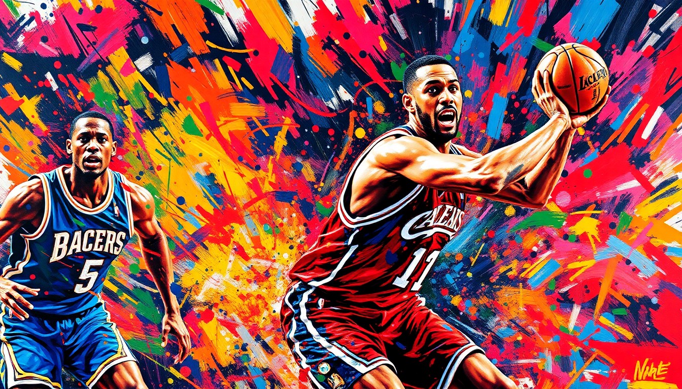 An abstract, expressionist painting in vibrant neon colors, with rapid brushstrokes and fragmented, dissolving figures representing the fast-paced, high-energy action of an NBA playoff basketball game.