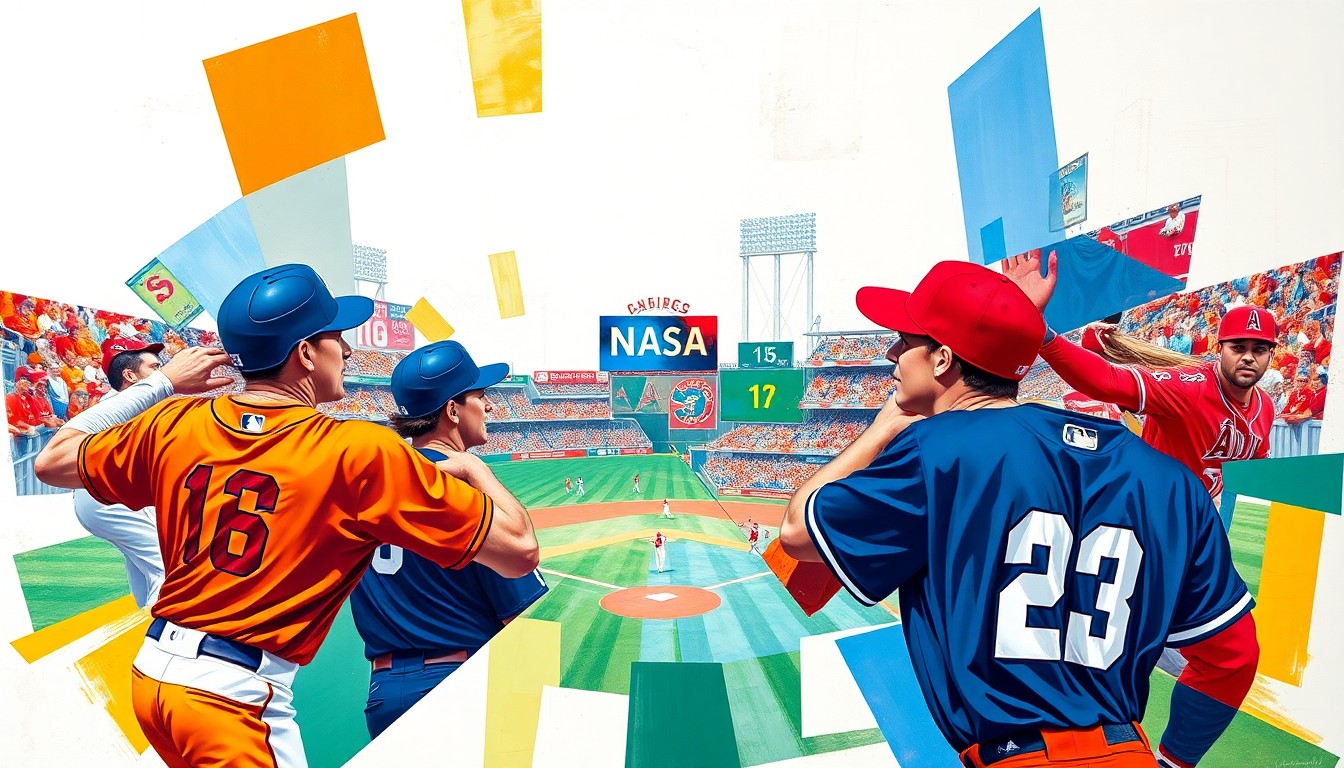 A cubist, geometric painting depicting a baseball game between the San Diego Padres and Los Angeles Angels, with the players and field rendered in overlapping, fragmented shapes and planes of vibrant colors.