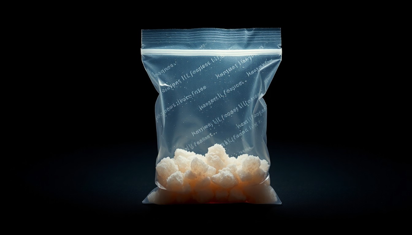 An extreme close-up photograph of a small plastic bag containing a crystalline substance, lit by a harsh, direct camera flash against a pitch-black background, creating a stark, gritty, investigative aesthetic.