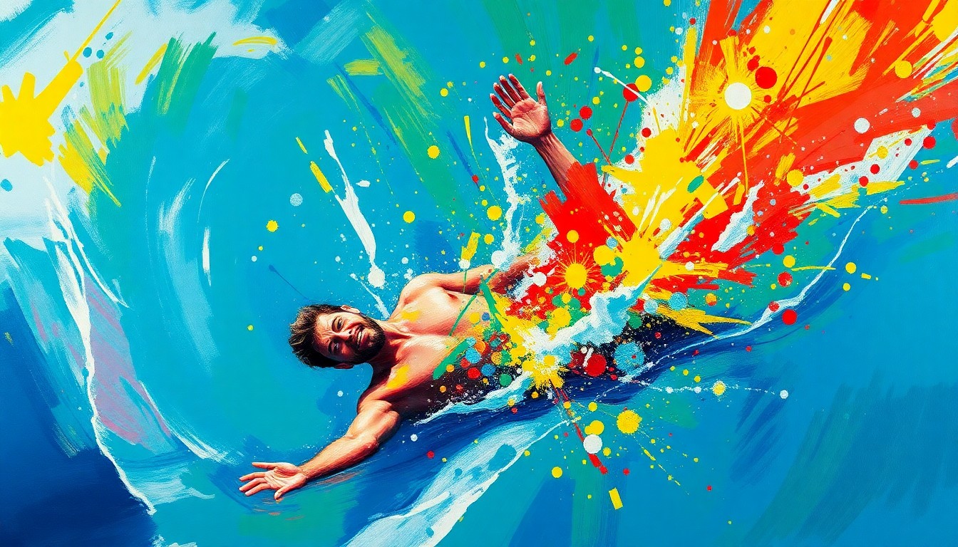 An extreme close-up of Wyatt Russell's body mid-jump, dissolving into a vibrant, expressionist blur of neon colors and rapid brushstrokes, capturing the raw energy and excitement of his icy dip.