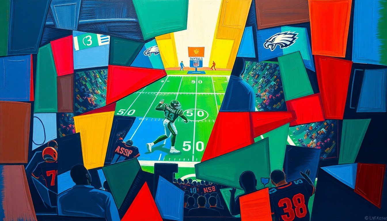 A fragmented, geometric painting in bold colors depicting an abstract football scene, conveying the complex and multifaceted nature of the NFL draft process.