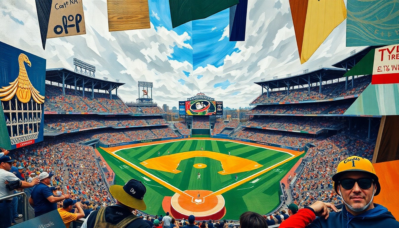 A fragmented, geometric painting depicting the dynamic action of a college baseball game, with players and the field broken down into overlapping angular shapes and planes of color.