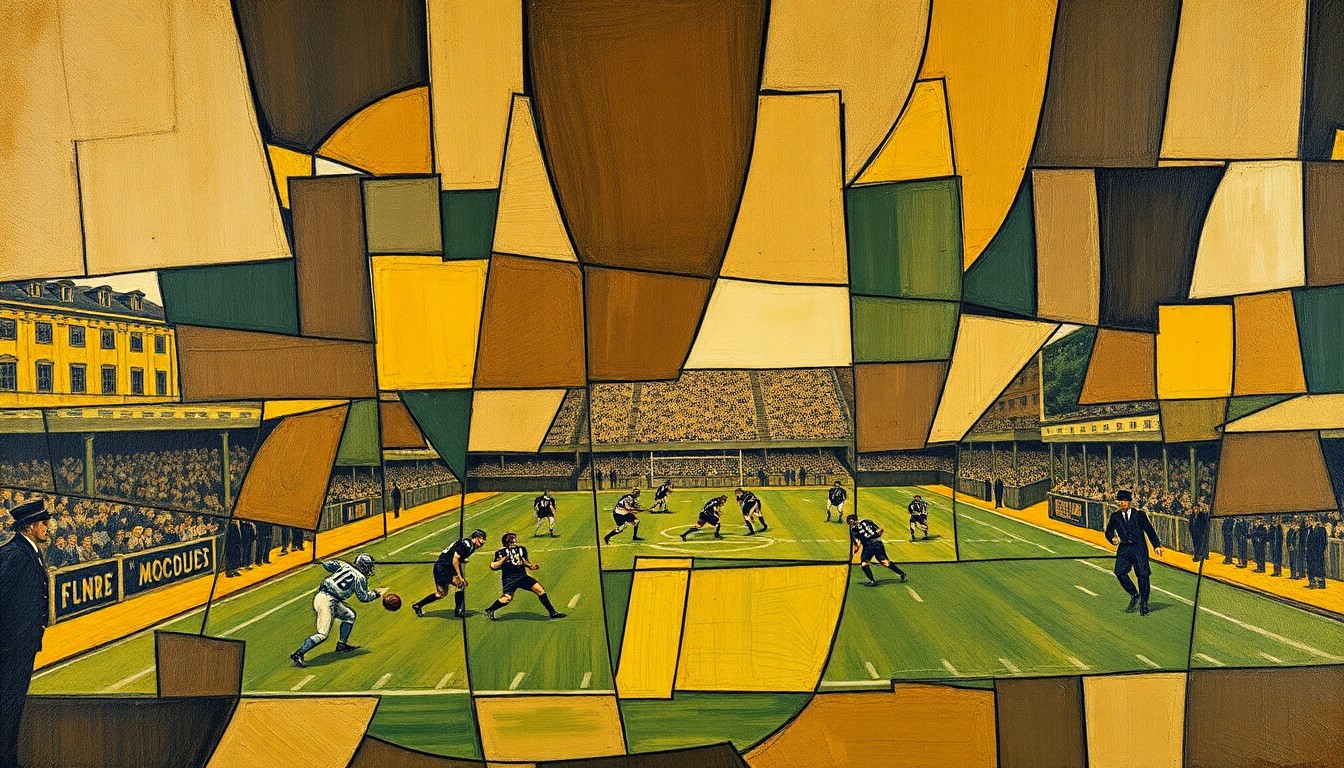 A fragmented, geometric painting depicting an early 20th century football match, with players and the field broken down into overlapping angular planes in earthy tones, conceptually representing the transformative rule changes pushed by President Roosevelt.