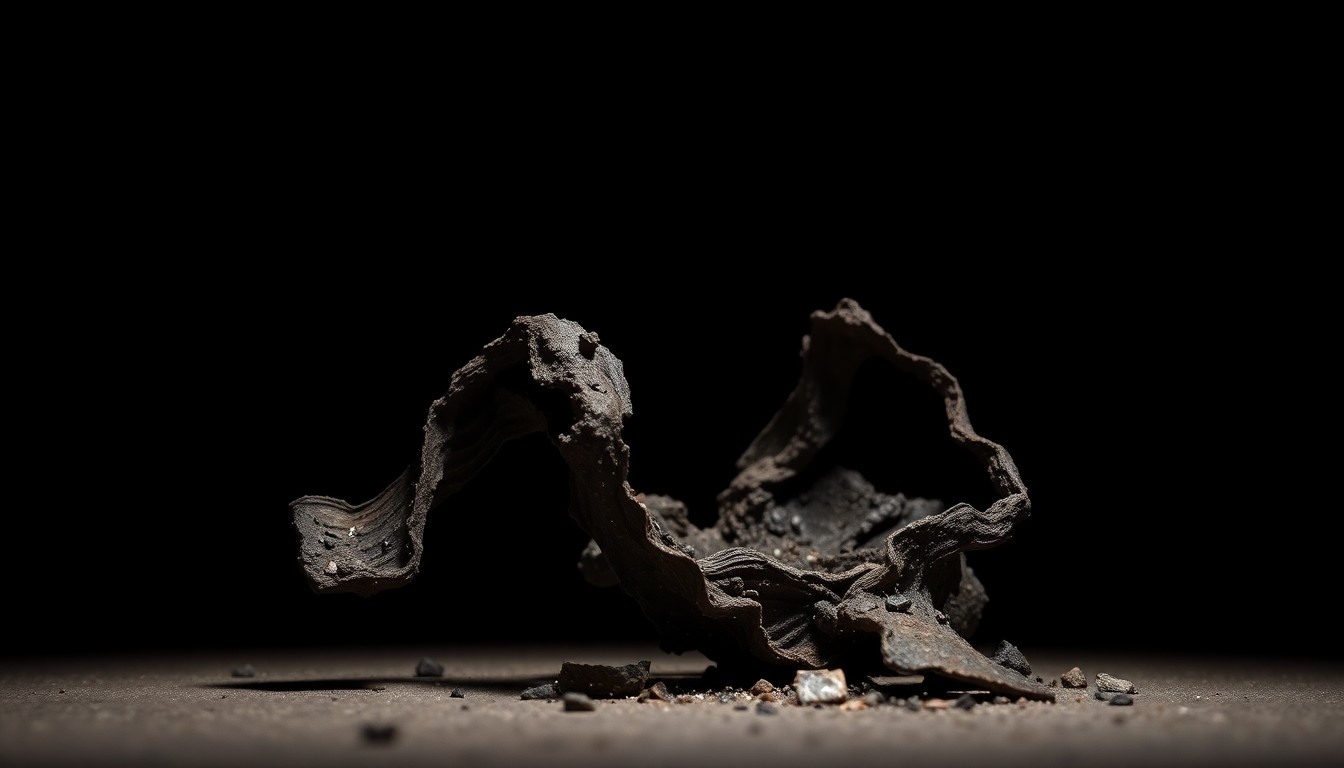 An extreme close-up photograph of a twisted, charred piece of metal debris, capturing the gritty, investigative aesthetic of Weegee's crime photography.