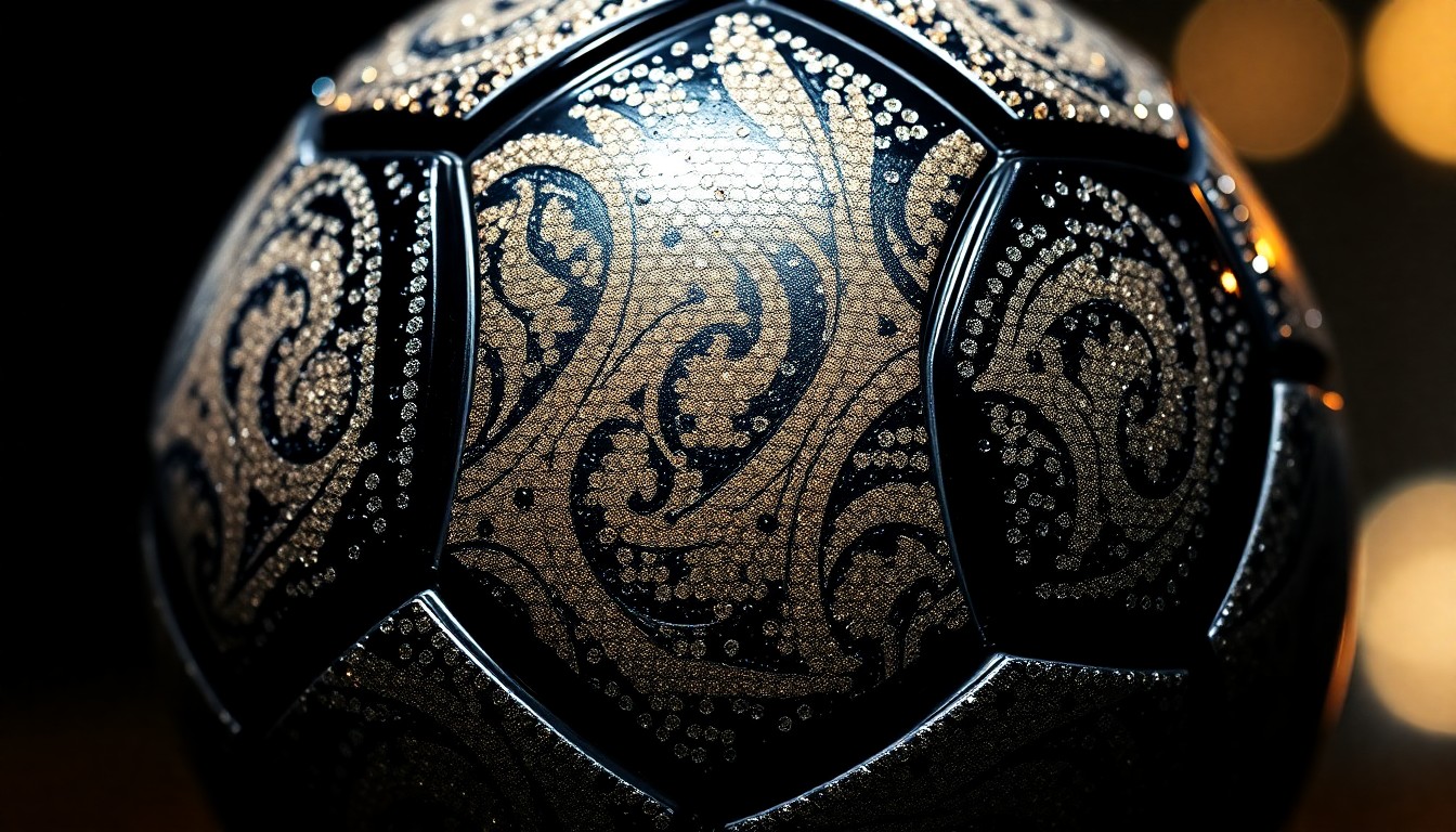 An extreme close-up photograph of a soccer ball covered in a dazzling array of textured, glittering patterns and colors, evoking the celebratory spirit of the World Cup.