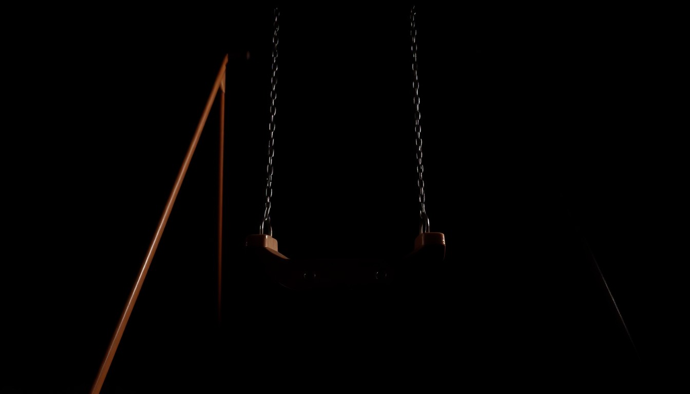 An extreme close-up photograph of a children's playground swing set, lit by a harsh, direct camera flash against a pitch-black background, creating a stark, gritty, investigative aesthetic.