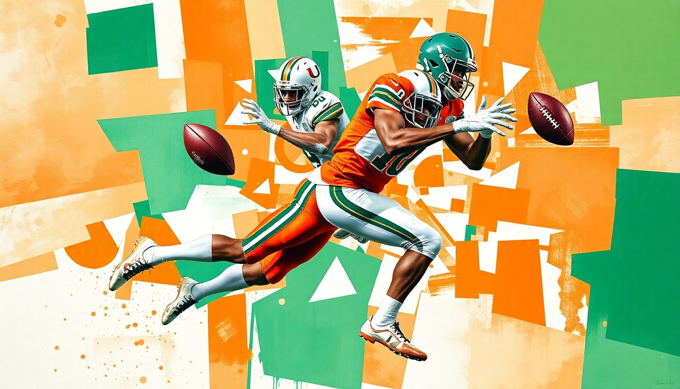 A fragmented, geometric painting depicting a football player intercepting a pass and running it back for a touchdown, with sharp planes of orange, green, and white colors representing the Miami Hurricanes' team colors.