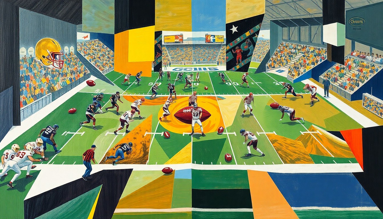 A cubist, geometric painting depicting fragmented, overlapping shapes and planes representing players, balls, and field markings from a college football game, conveying the dynamic action and uncertainty of the playoff matchup.