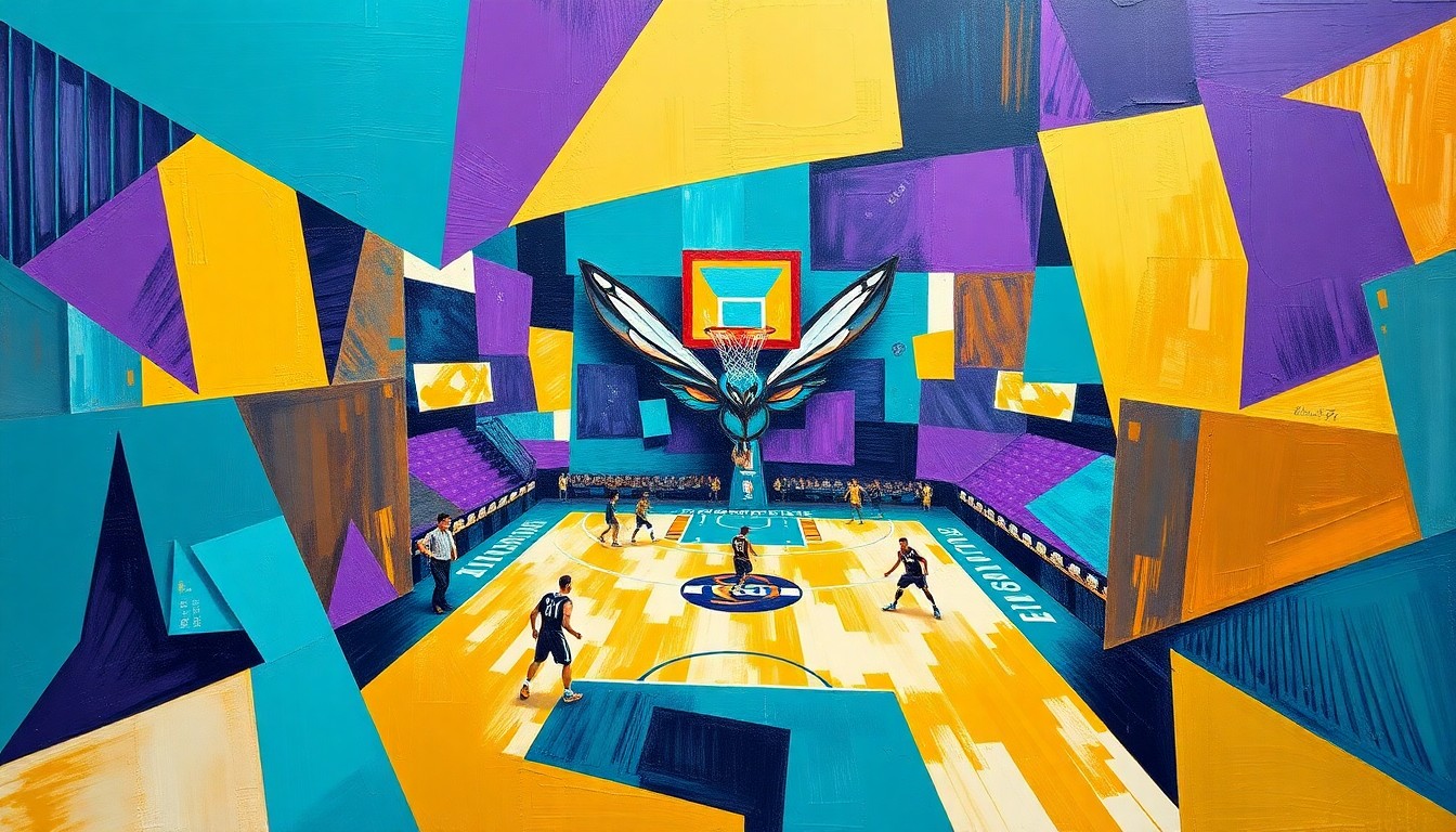 A cubist, geometric painting depicting a Hornets basketball game, with sharp, overlapping planes of teal, purple, and gold, conveying the fractured and disjointed nature of the team's disappointing end to the season.
