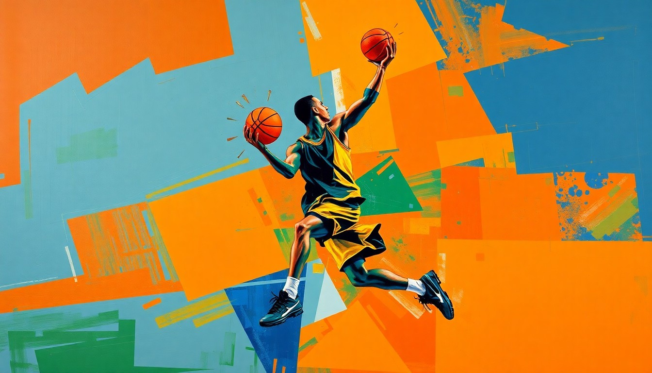A cubist, geometric painting depicting the fragmented movements of a basketball player, conveying the dynamic and ever-changing nature of college basketball team compositions.