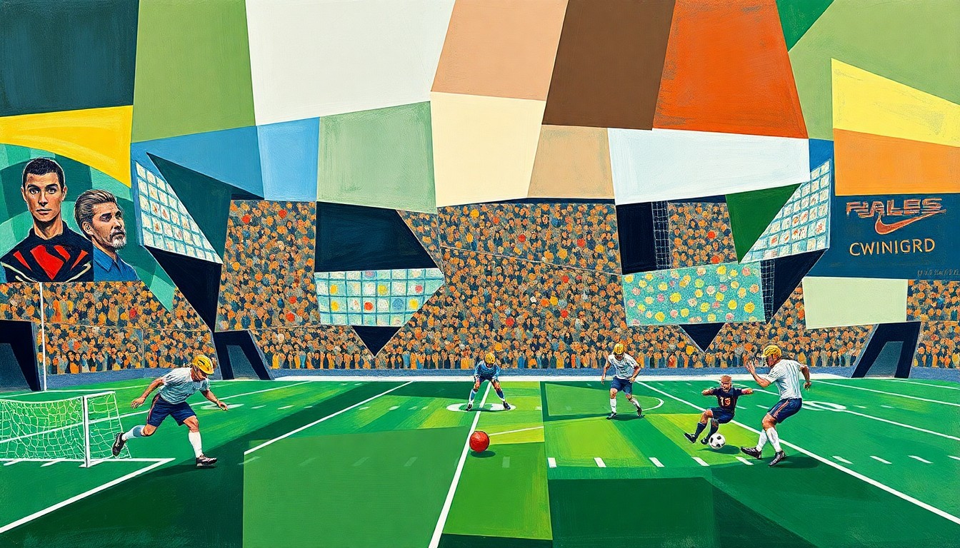 A fragmented, geometric painting depicting the chaotic action of a football game, with players and the field broken down into sharp, overlapping planes of color and form.