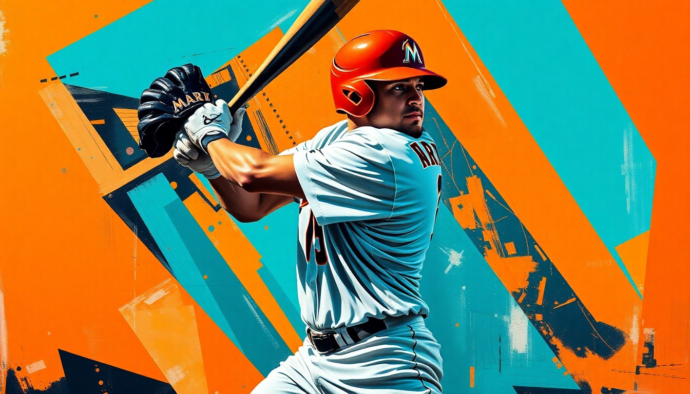 A cubist, geometric painting depicting a baseball player in mid-swing, with the player's form broken down into sharp, overlapping planes of teal, orange, and black colors, capturing the dynamic motion and energy of the sport.