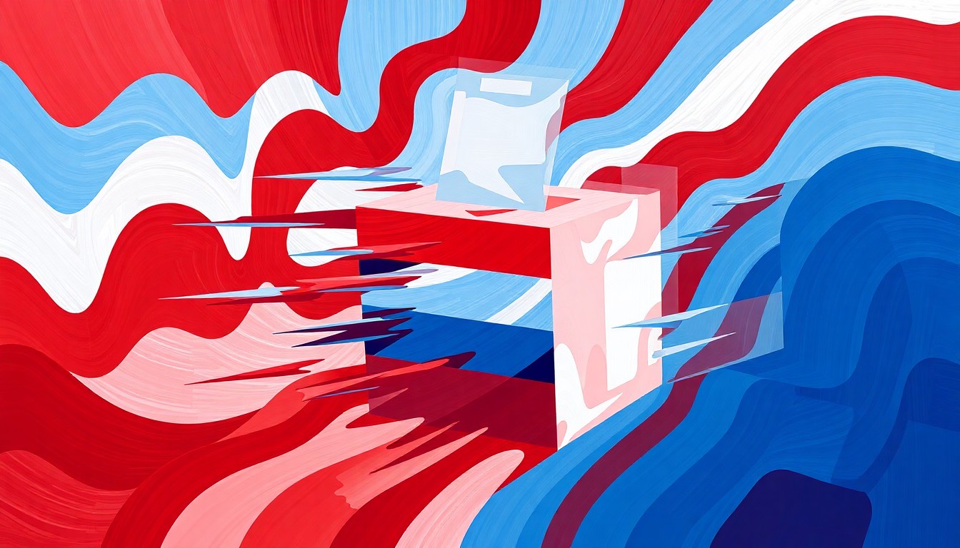 A dynamic, abstract painting of a ballot box in motion, with overlapping geometric shapes and waves of red, white, and blue, conceptually representing the ongoing political debate over the 2020 election results.