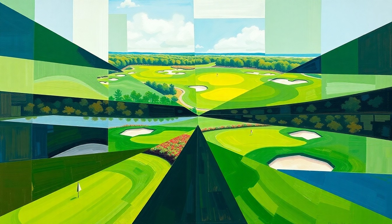 A fractured, multi-perspective painting in vibrant greens, blues, and browns, breaking down the final round of the RBC Heritage golf tournament into sharp, overlapping geometric planes that evoke the lush fairways and bunkers of Harbour Town Golf Links.