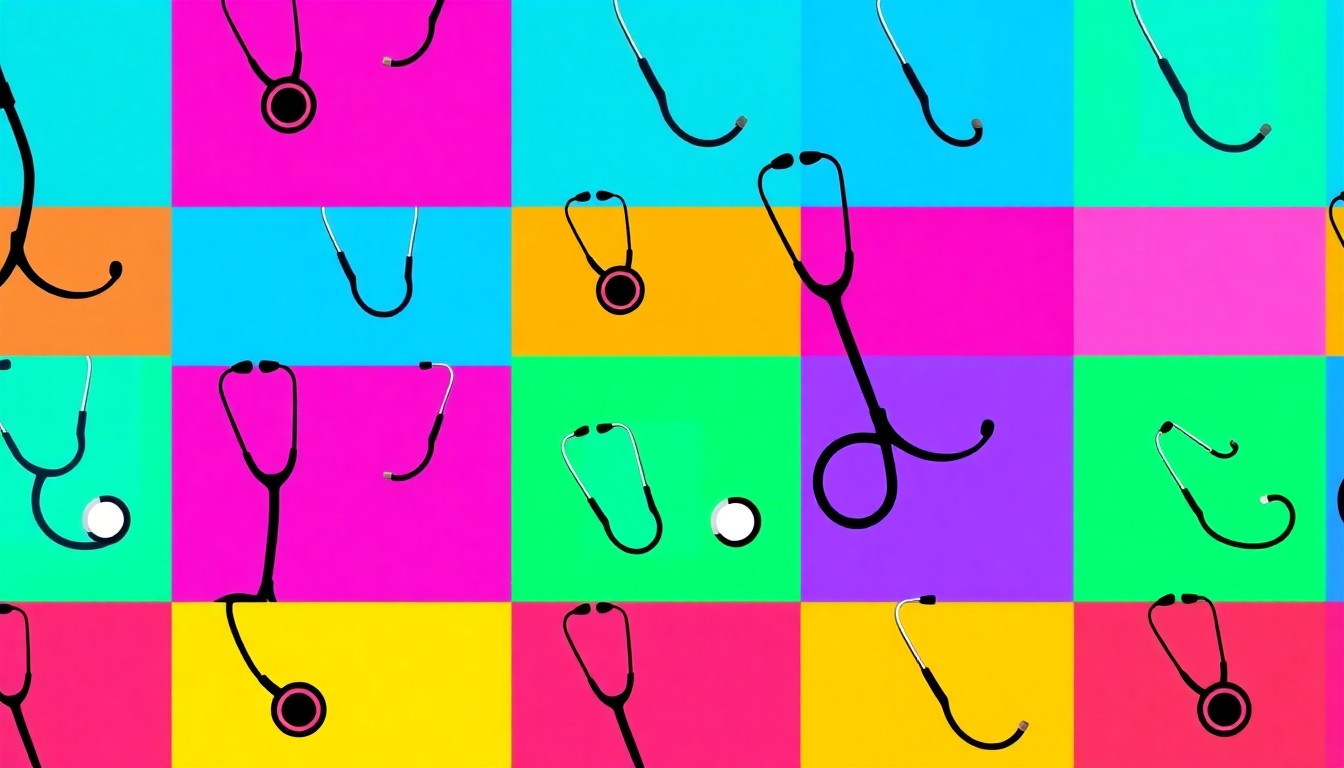 A brightly colored, high-contrast silkscreen print of a stethoscope icon repeated in a tight grid pattern, utilizing flat, vibrant, and unnatural neon color palettes overlapping with heavy black photographic outlines to turn a common medical tool into modern pop art.