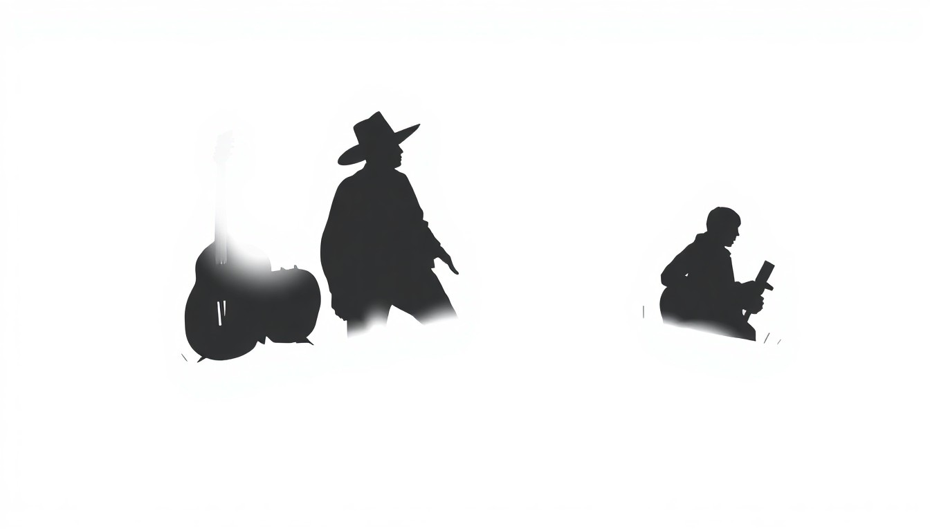 An abstract composition of angular, interlocking black silhouettes against a stark white background, conveying the timeless spirit of country music through bold, graphic shapes and high-contrast minimalism.