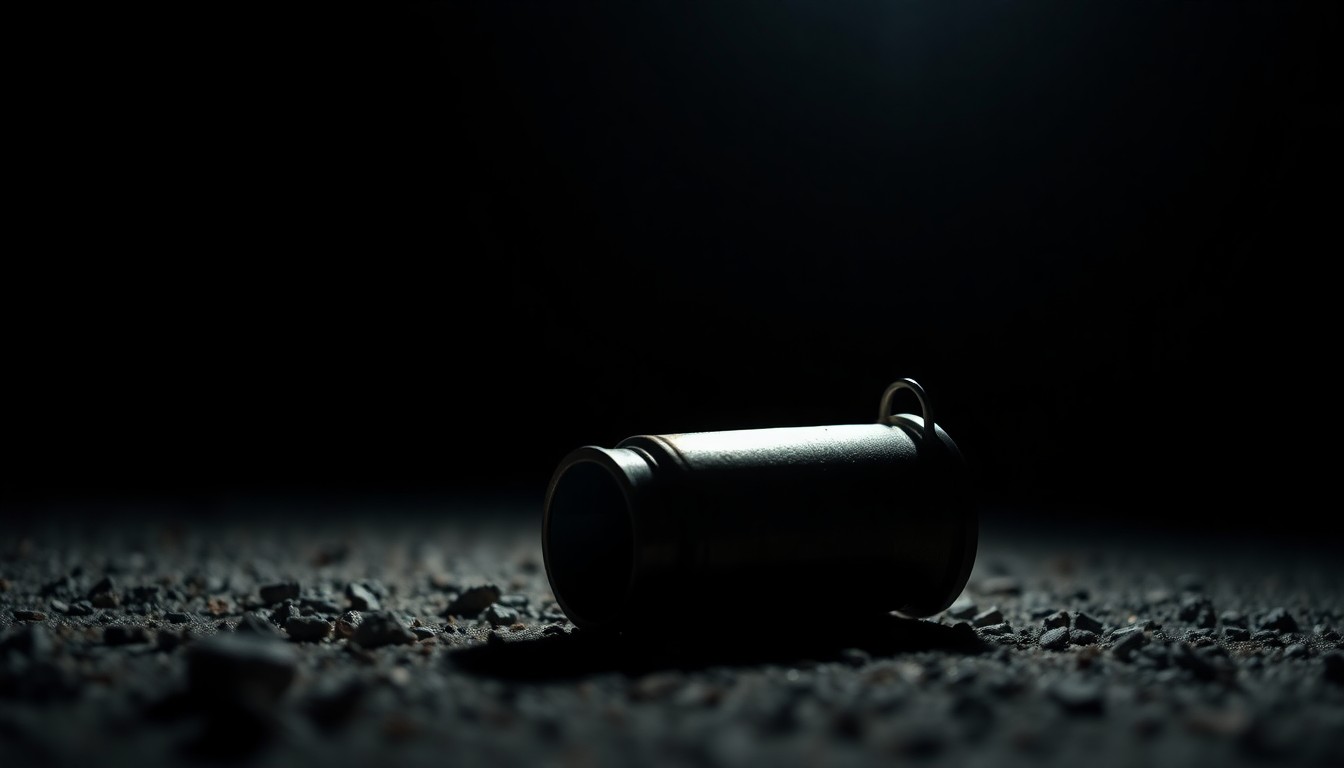 An extreme close-up photograph of a spent shell casing on the ground, the harsh flash illuminating the metallic texture and shape of the object against a pitch-black backdrop, conceptually representing the aftermath of a shooting incident.
