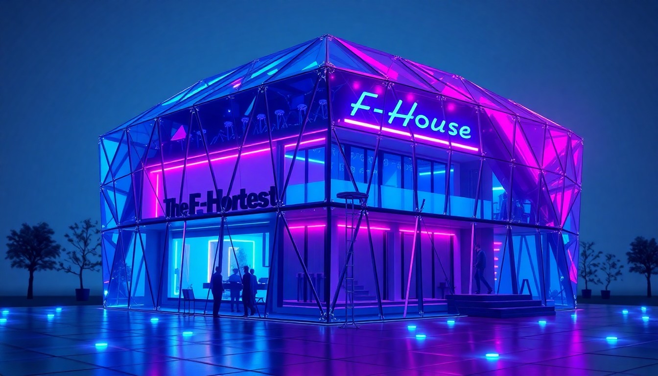 A highly detailed, 3D macro illustration of the faceted, glowing glass exterior of a futuristic home, with the structure illuminated by neon cyan and magenta lights, conceptually representing the technical complexity and digital nature of the innovative residential architecture.